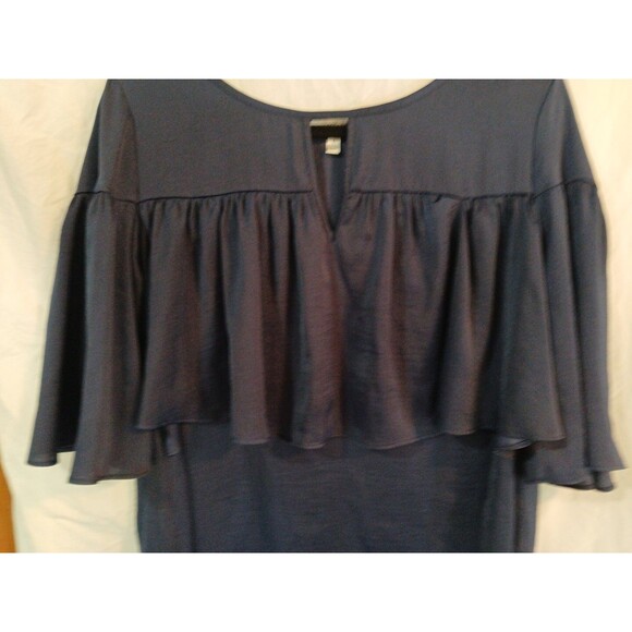 Jennifer Lopez Sheer-Ruffle Blouse -lined-3/4 Sleeve-Navy Blue-W/Large-Pullover - Picture 3 of 16